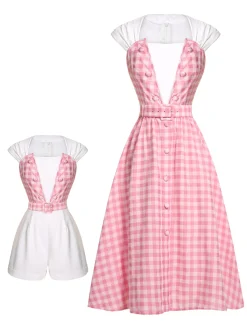 Best Retro Stage 2PCS 1950s Pink Plaid Skirt & Romper With Belt White & Pink