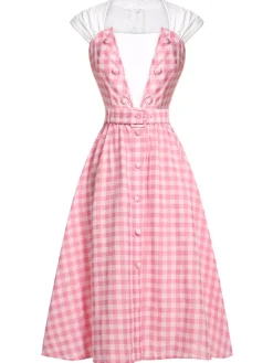 Best Retro Stage 2PCS 1950s Pink Plaid Skirt & Romper With Belt White & Pink