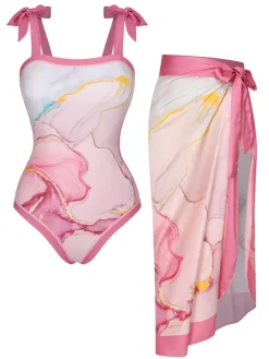 Online Retro Stage 2PCS 1950s Print Swimsuit & Cover-Up Pink