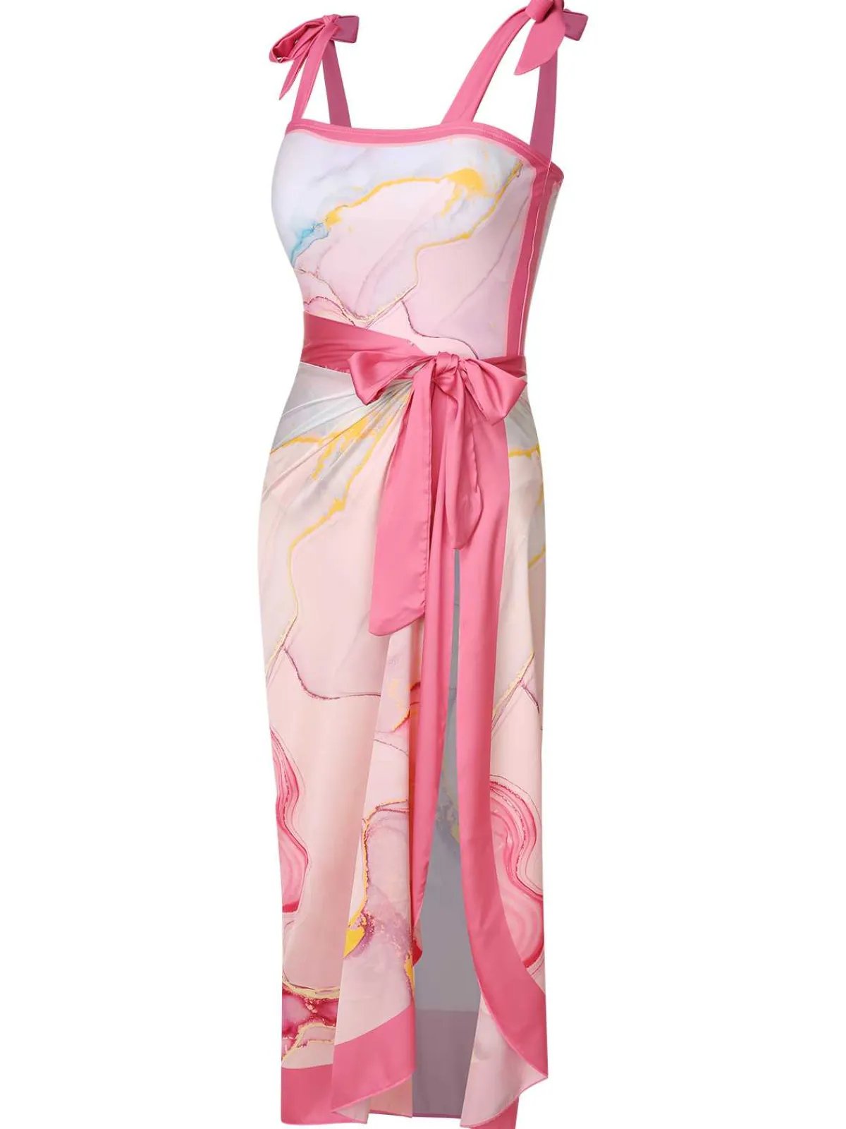 Online Retro Stage 2PCS 1950s Print Swimsuit & Cover-Up Pink
