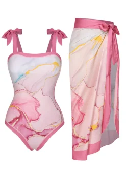 Online Retro Stage 2PCS 1950s Print Swimsuit & Cover-Up Pink
