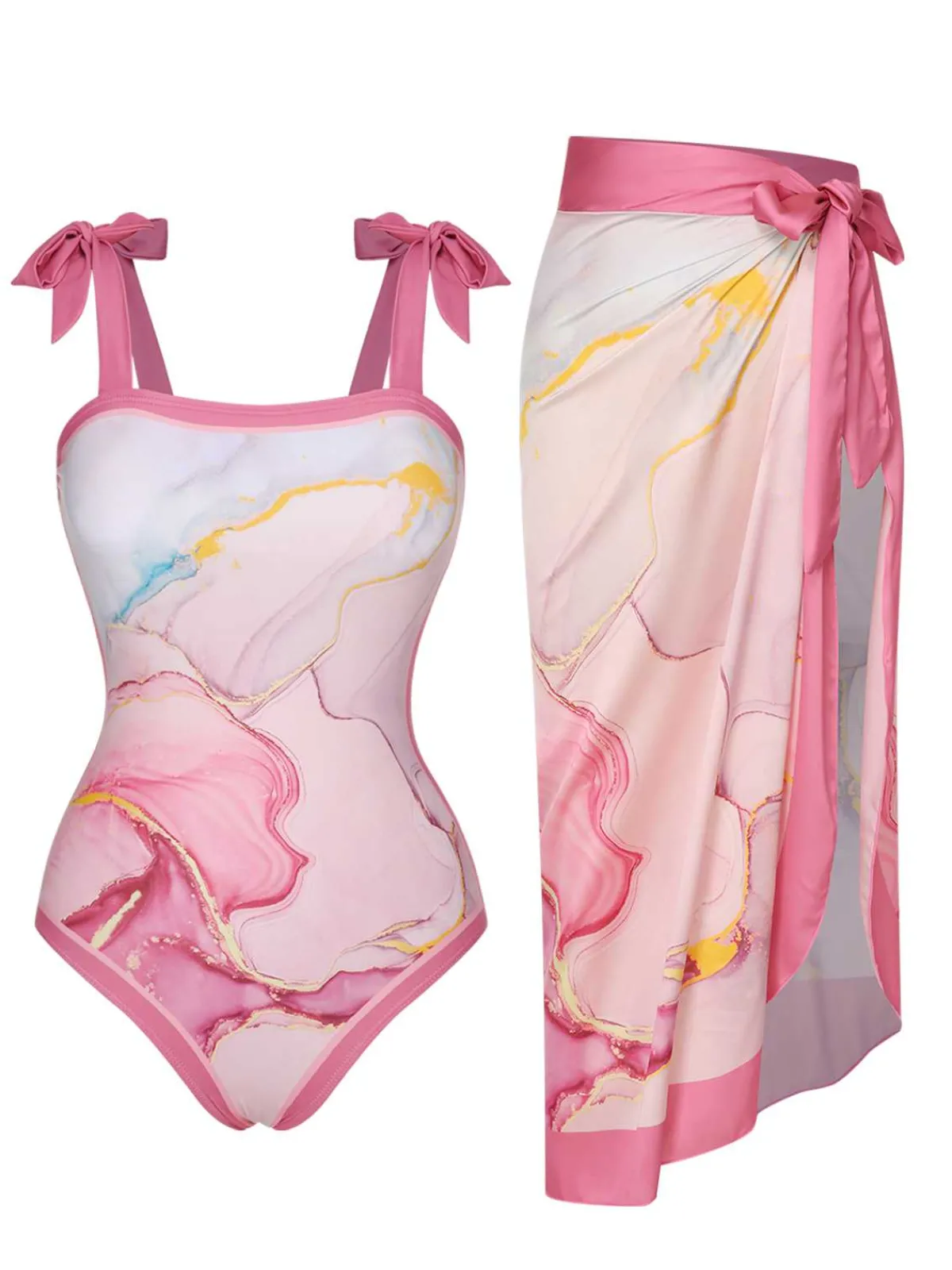 Online Retro Stage 2PCS 1950s Print Swimsuit & Cover-Up Pink