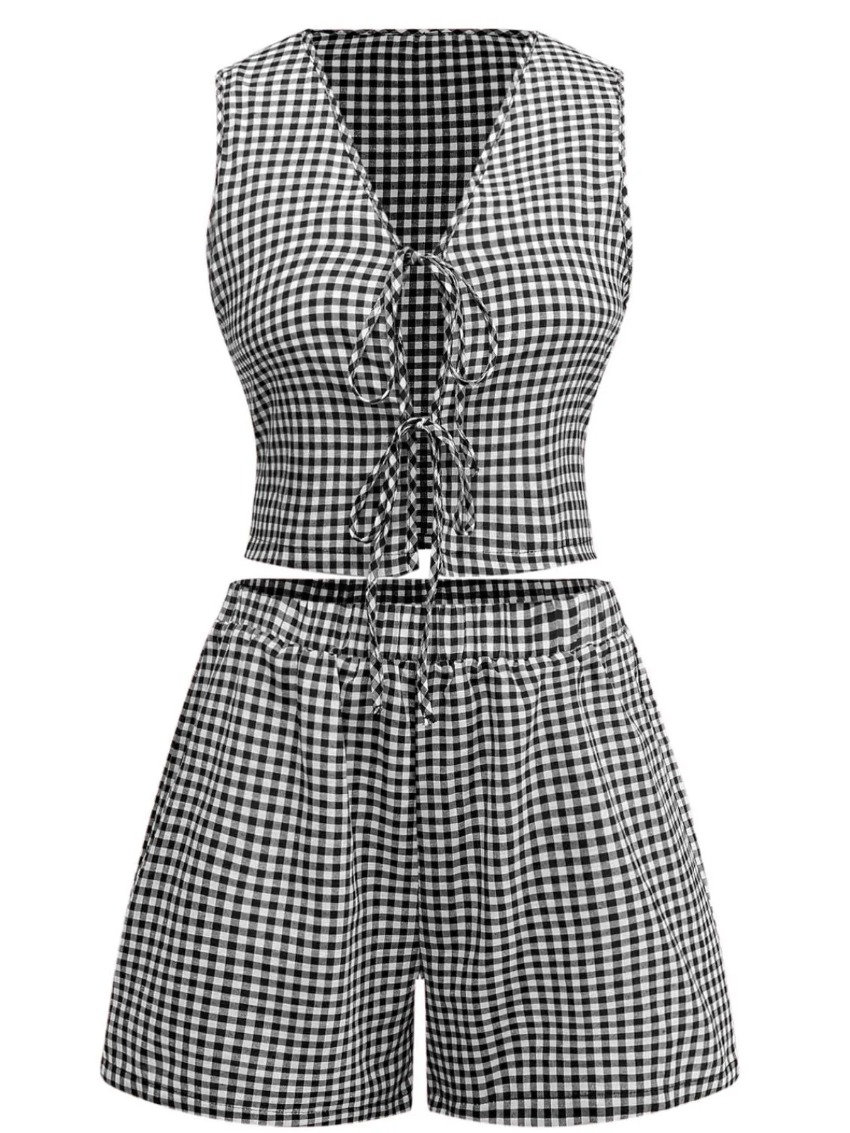 Outlet Retro Stage 2PCS 1950s Plaid V-Neck Bind Vest & Shorts