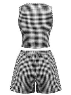 Outlet Retro Stage 2PCS 1950s Plaid V-Neck Bind Vest & Shorts