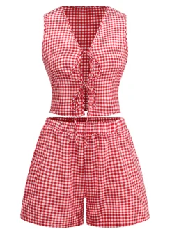 Outlet Retro Stage 2PCS 1950s Plaid V-Neck Bind Vest & Shorts