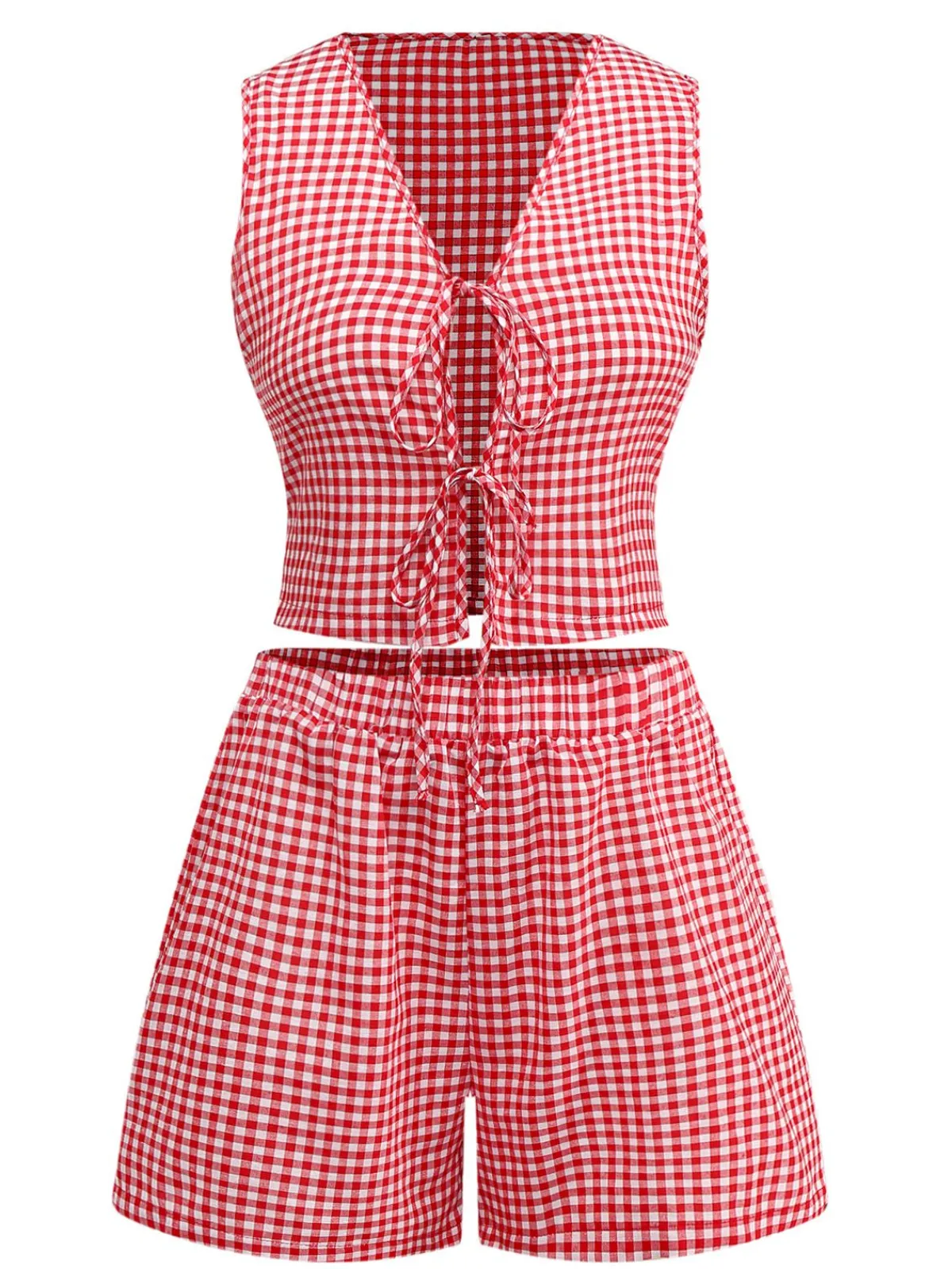 Outlet Retro Stage 2PCS 1950s Plaid V-Neck Bind Vest & Shorts