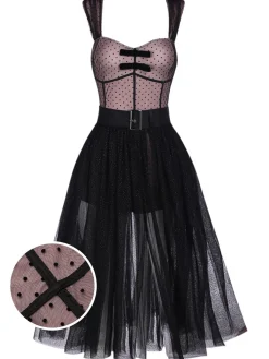 Sale Retro Stage 2PCS 1950s Polka Dot Bowknot Lace Strap Dress Dark Pink