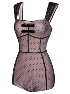 Sale Retro Stage 2PCS 1950s Polka Dot Bowknot Lace Strap Dress Dark Pink