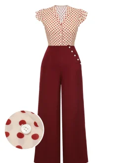 Clearance Retro Stage 2PCS 1950s Polka Dot Blouse & Burgundy Pants Red