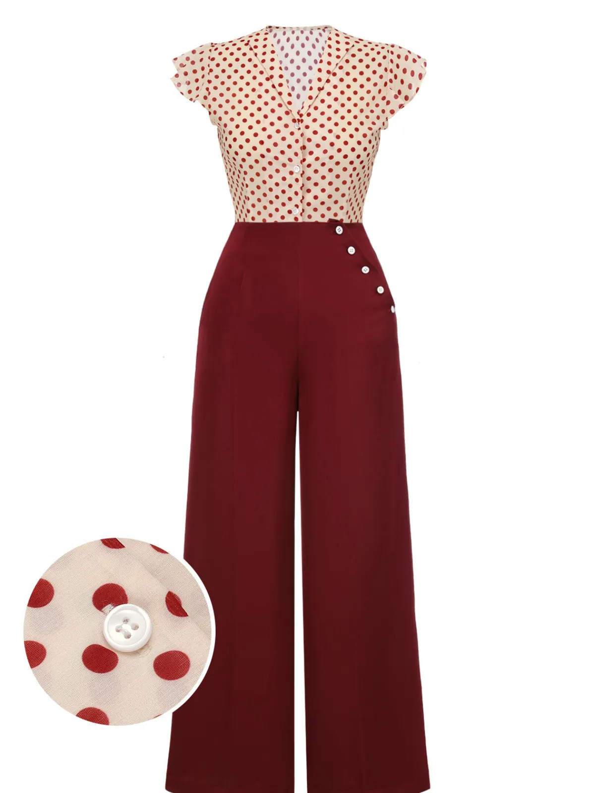Clearance Retro Stage 2PCS 1950s Polka Dot Blouse & Burgundy Pants Red