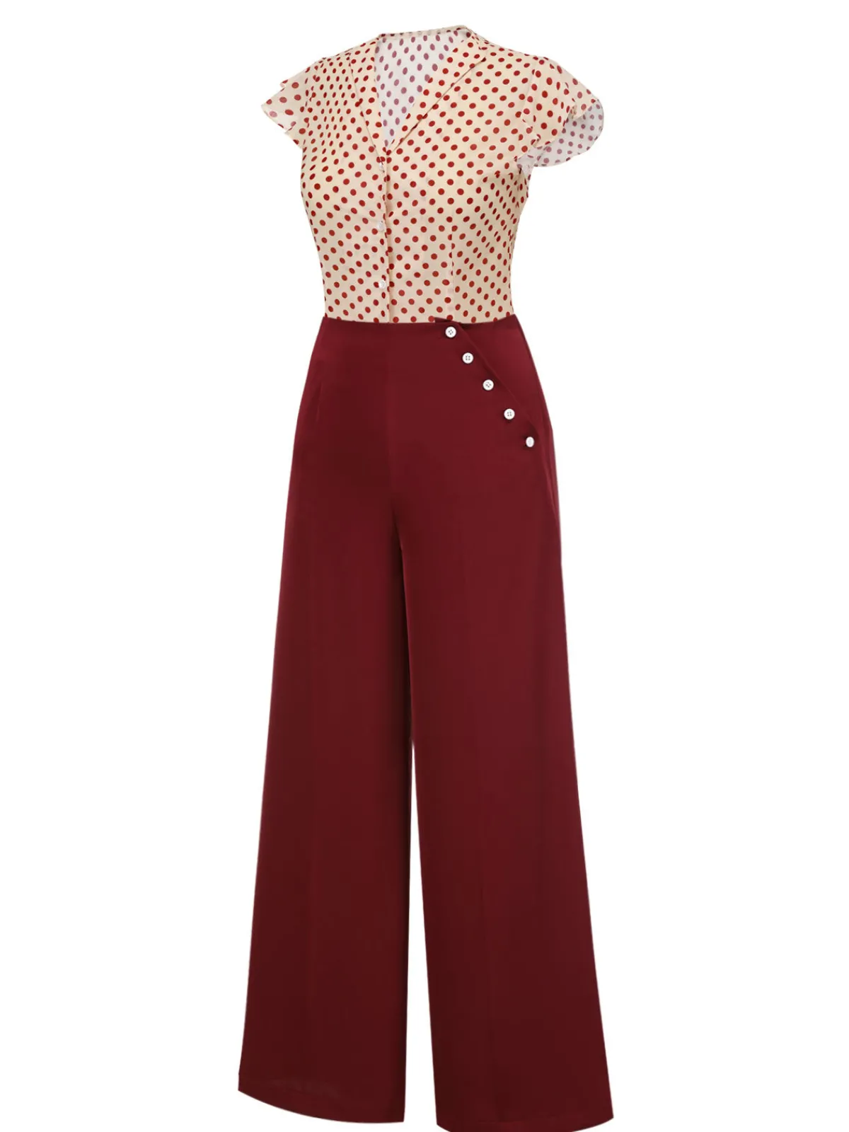 Clearance Retro Stage 2PCS 1950s Polka Dot Blouse & Burgundy Pants Red