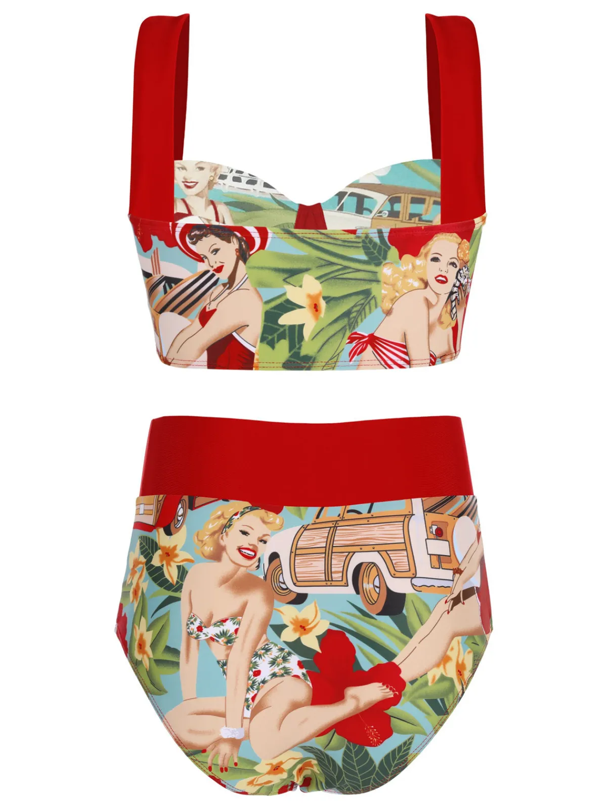 New Retro Stage 3PCS 1960s Retro Lady Bikini Set Red