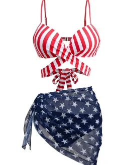 Clearance Retro Stage 2PCS 1960s Red Striped Bikini Set & Blue Star Cover-Up Multicolor