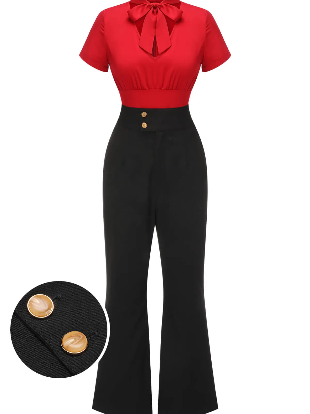 Discount Retro Stage 2PCS 1940s Red Tie-Up Blouse & Black Pants Red & Black