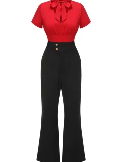 Discount Retro Stage 2PCS 1940s Red Tie-Up Blouse & Black Pants Red & Black