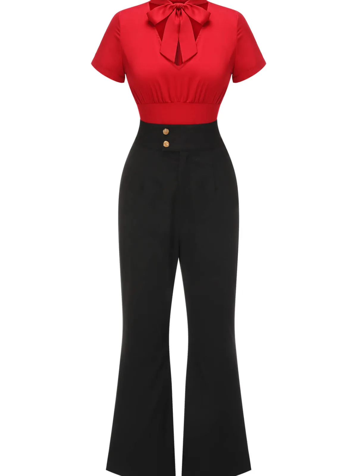 Discount Retro Stage 2PCS 1940s Red Tie-Up Blouse & Black Pants Red & Black