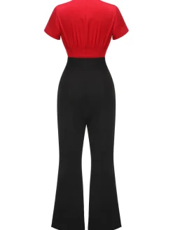 Discount Retro Stage 2PCS 1940s Red Tie-Up Blouse & Black Pants Red & Black