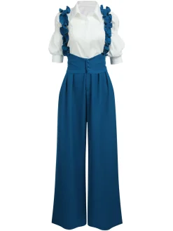 Outlet Retro Stage 2PCS 1950s Ruffled Blouse & Solid Suspender Pants Blue