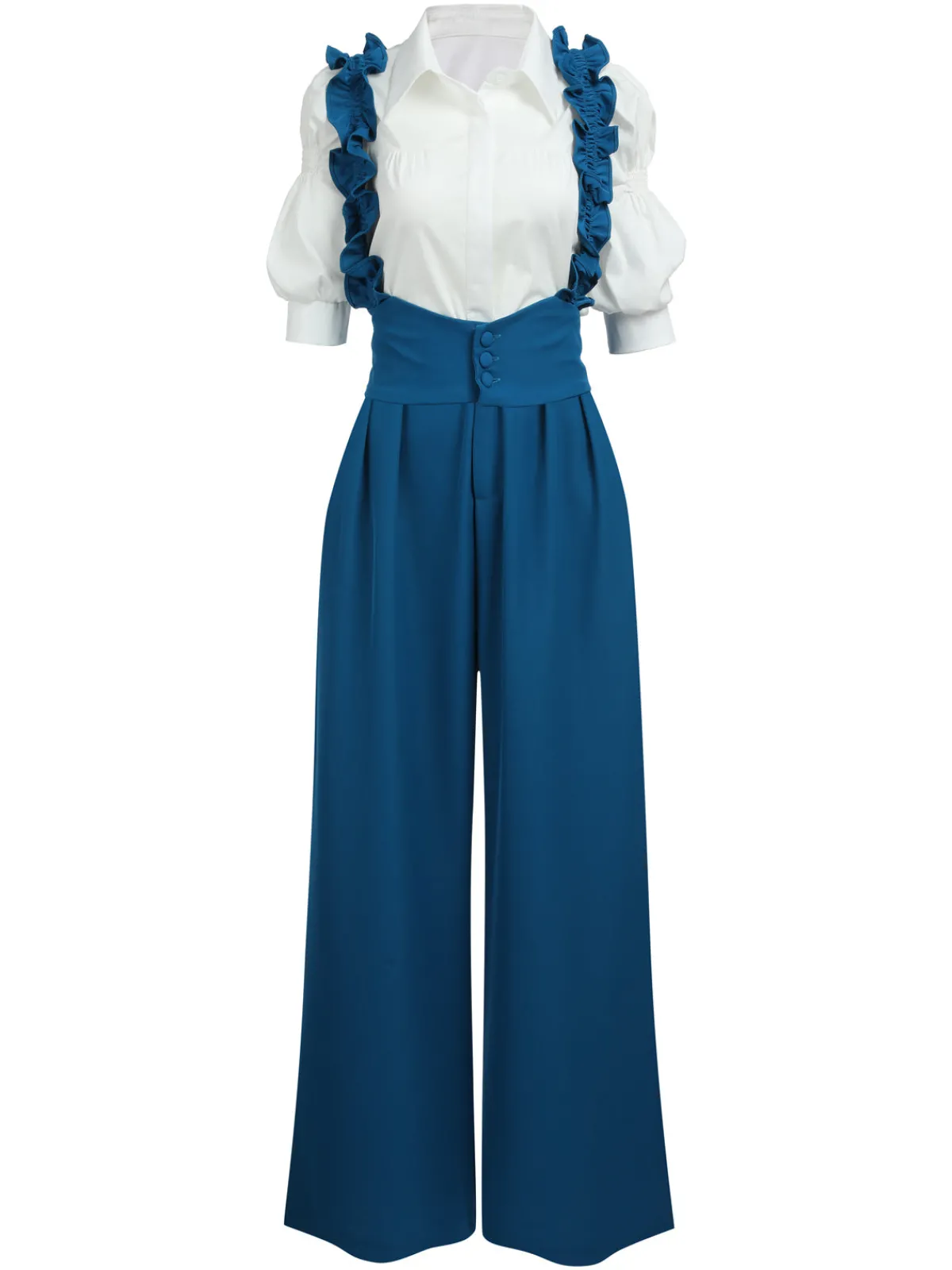 Outlet Retro Stage 2PCS 1950s Ruffled Blouse & Solid Suspender Pants Blue