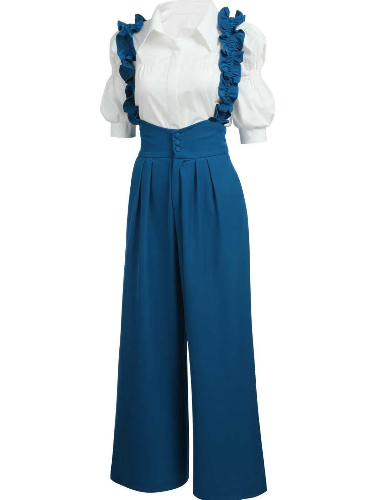Outlet Retro Stage 2PCS 1950s Ruffled Blouse & Solid Suspender Pants Blue