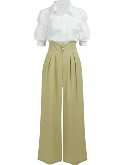 Outlet Retro Stage 2PCS 1950s Ruffled Blouse & Solid Suspender Pants Blue