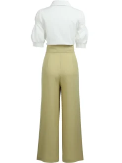 Outlet Retro Stage 2PCS 1950s Ruffled Blouse & Solid Suspender Pants Blue