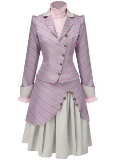 Clearance Retro Stage 3PCS 1940s Ruffles Stripes Button Suit Set Pink