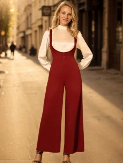 Outlet Retro Stage 2PCS 1970s Satin High Neck Blouse & Suspender Pants White & Red