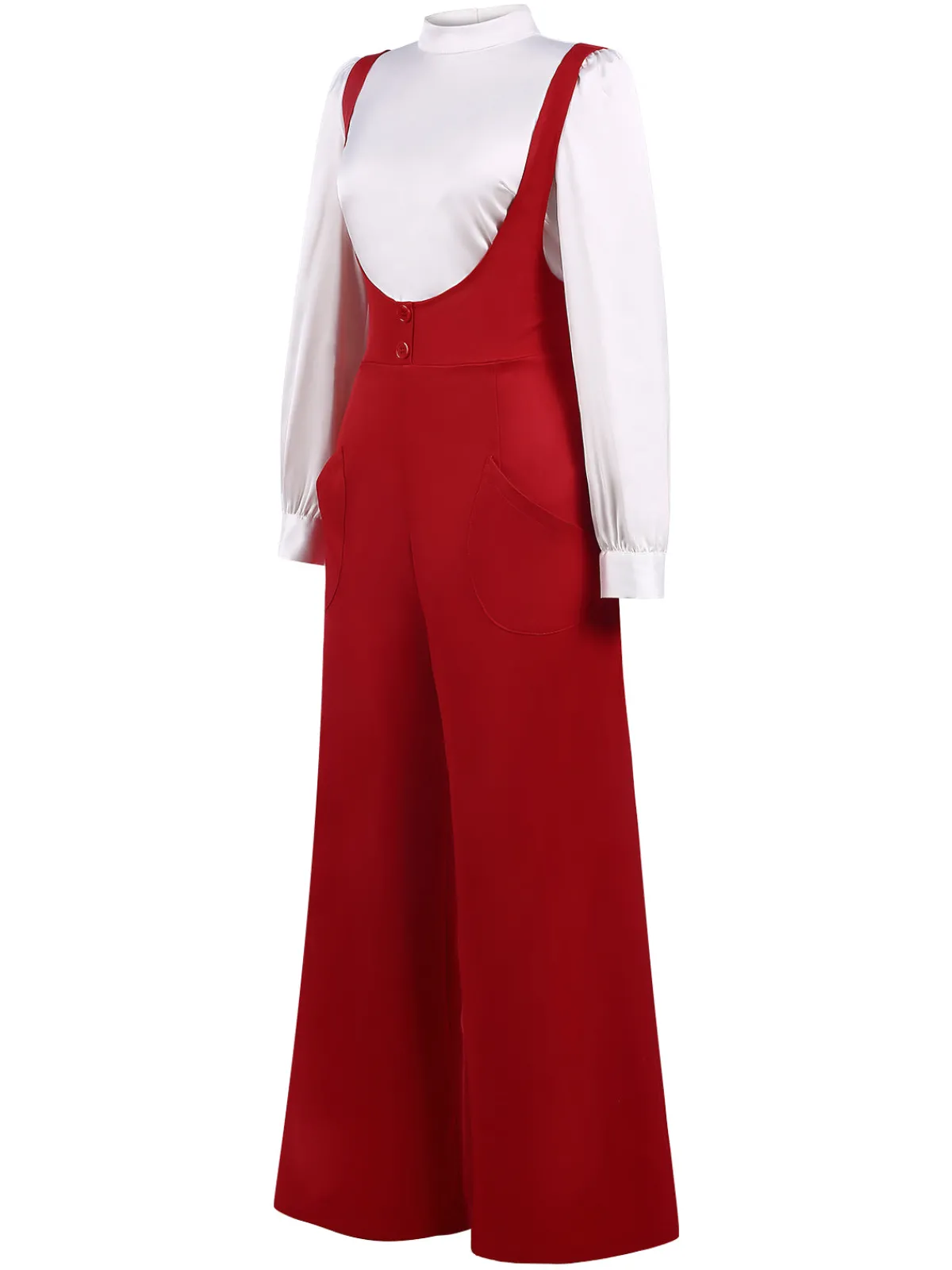 Outlet Retro Stage 2PCS 1970s Satin High Neck Blouse & Suspender Pants White & Red