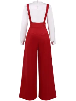 Outlet Retro Stage 2PCS 1970s Satin High Neck Blouse & Suspender Pants White & Red