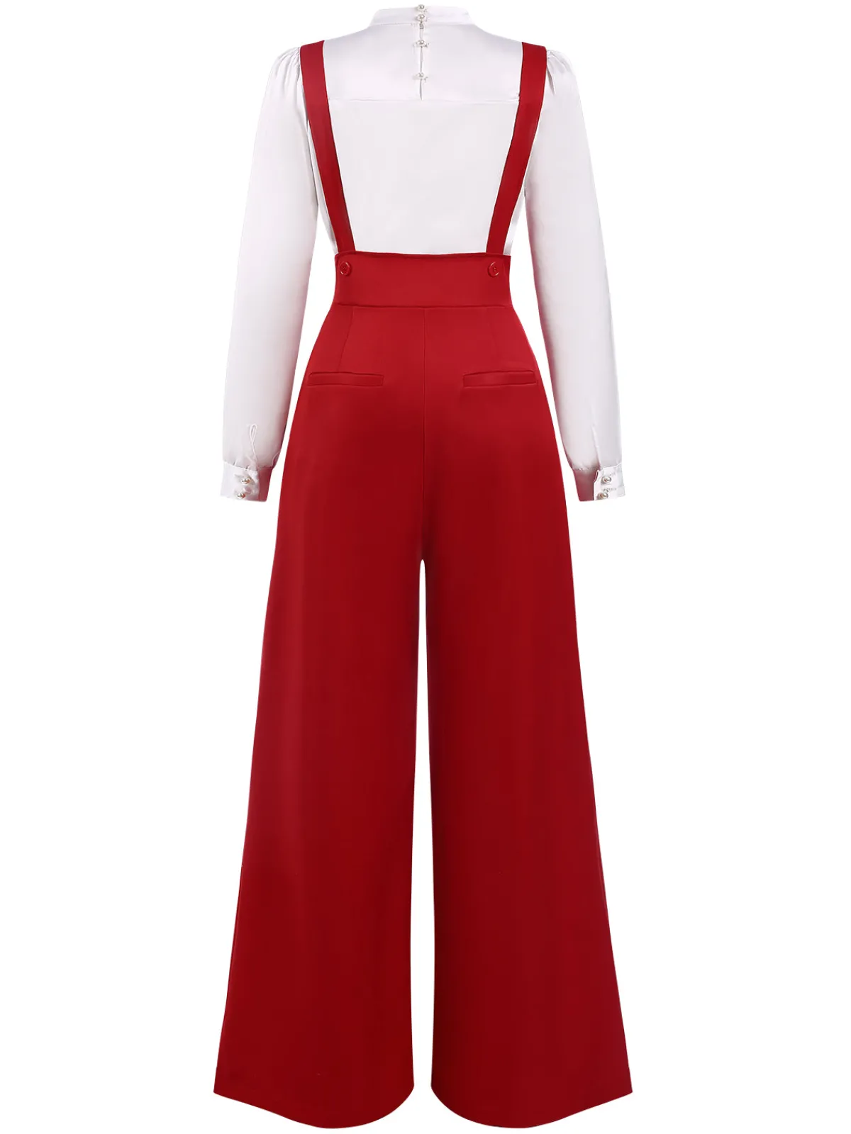 Outlet Retro Stage 2PCS 1970s Satin High Neck Blouse & Suspender Pants White & Red
