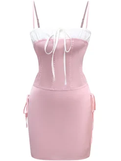 Fashion Retro Stage 2PCS 1970s Satin Lace-Up Strap Top & Skirt Pink