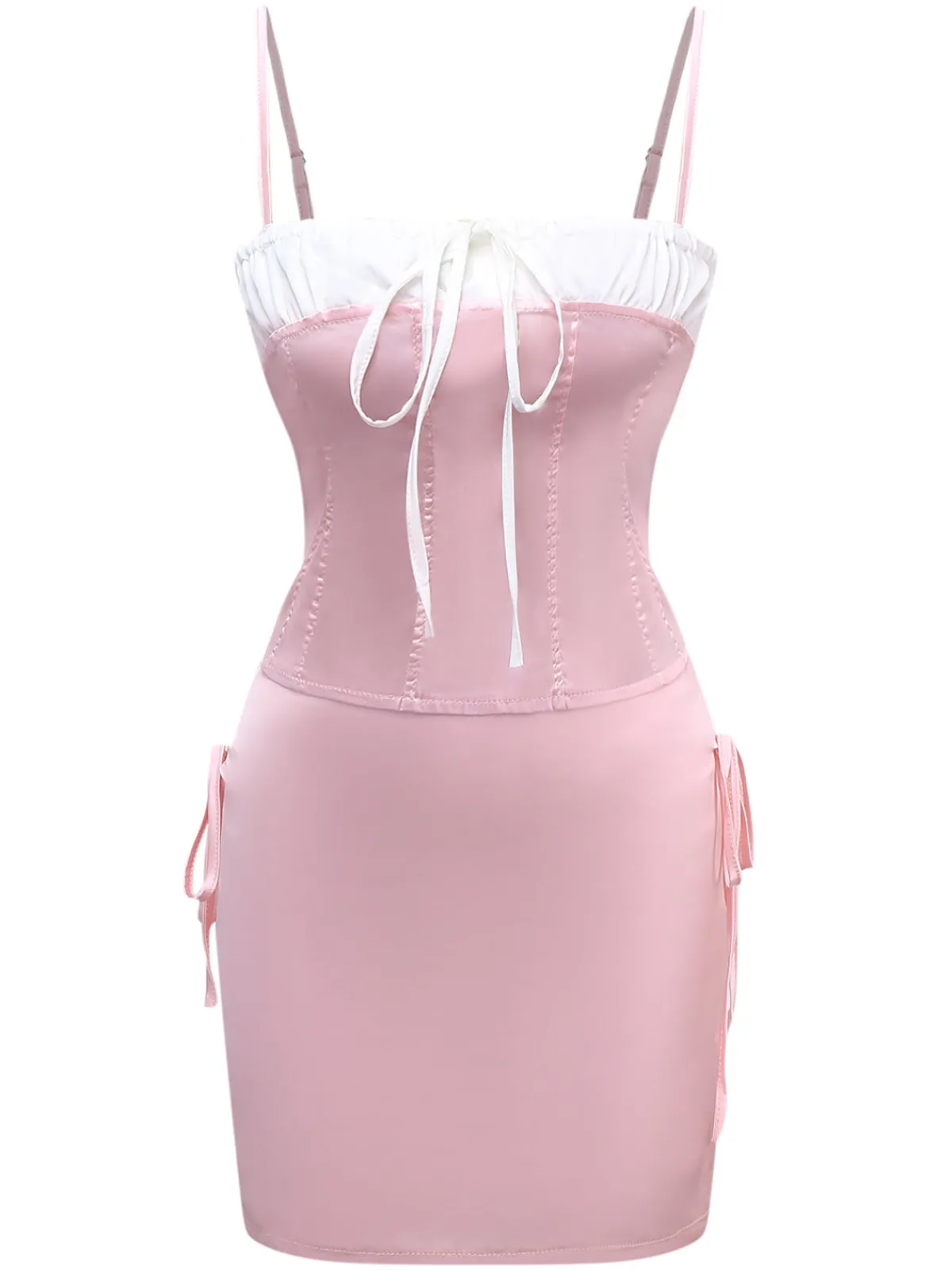 Fashion Retro Stage 2PCS 1970s Satin Lace-Up Strap Top & Skirt Pink