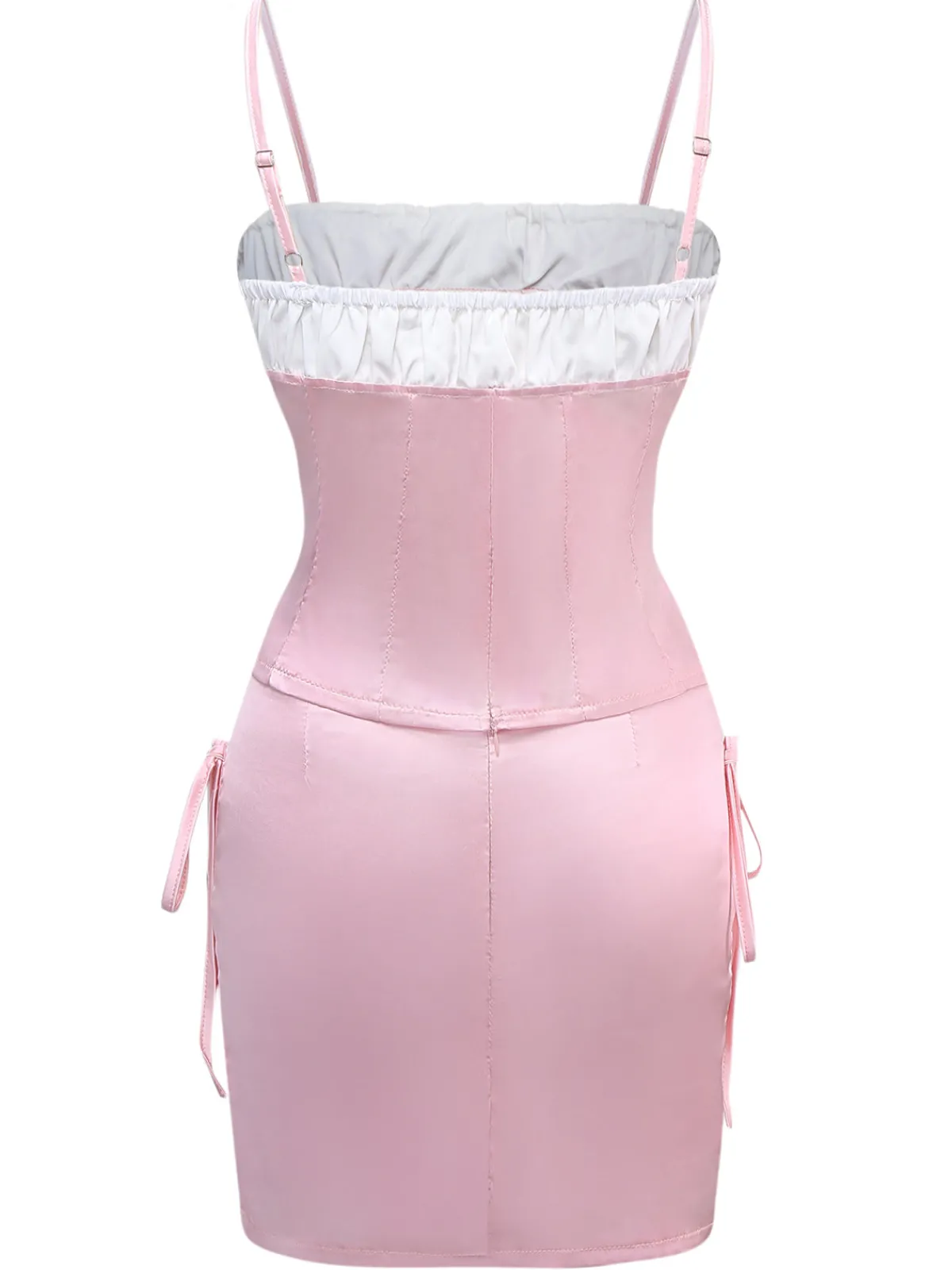Fashion Retro Stage 2PCS 1970s Satin Lace-Up Strap Top & Skirt Pink