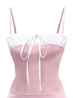 Fashion Retro Stage 2PCS 1970s Satin Lace-Up Strap Top & Skirt Pink