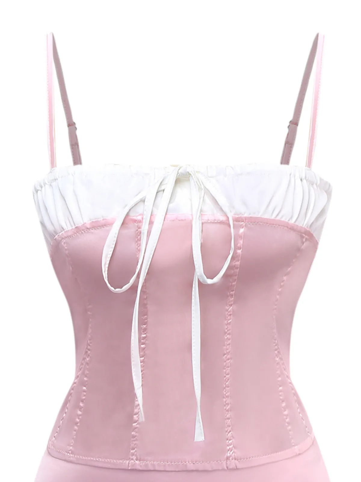 Fashion Retro Stage 2PCS 1970s Satin Lace-Up Strap Top & Skirt Pink