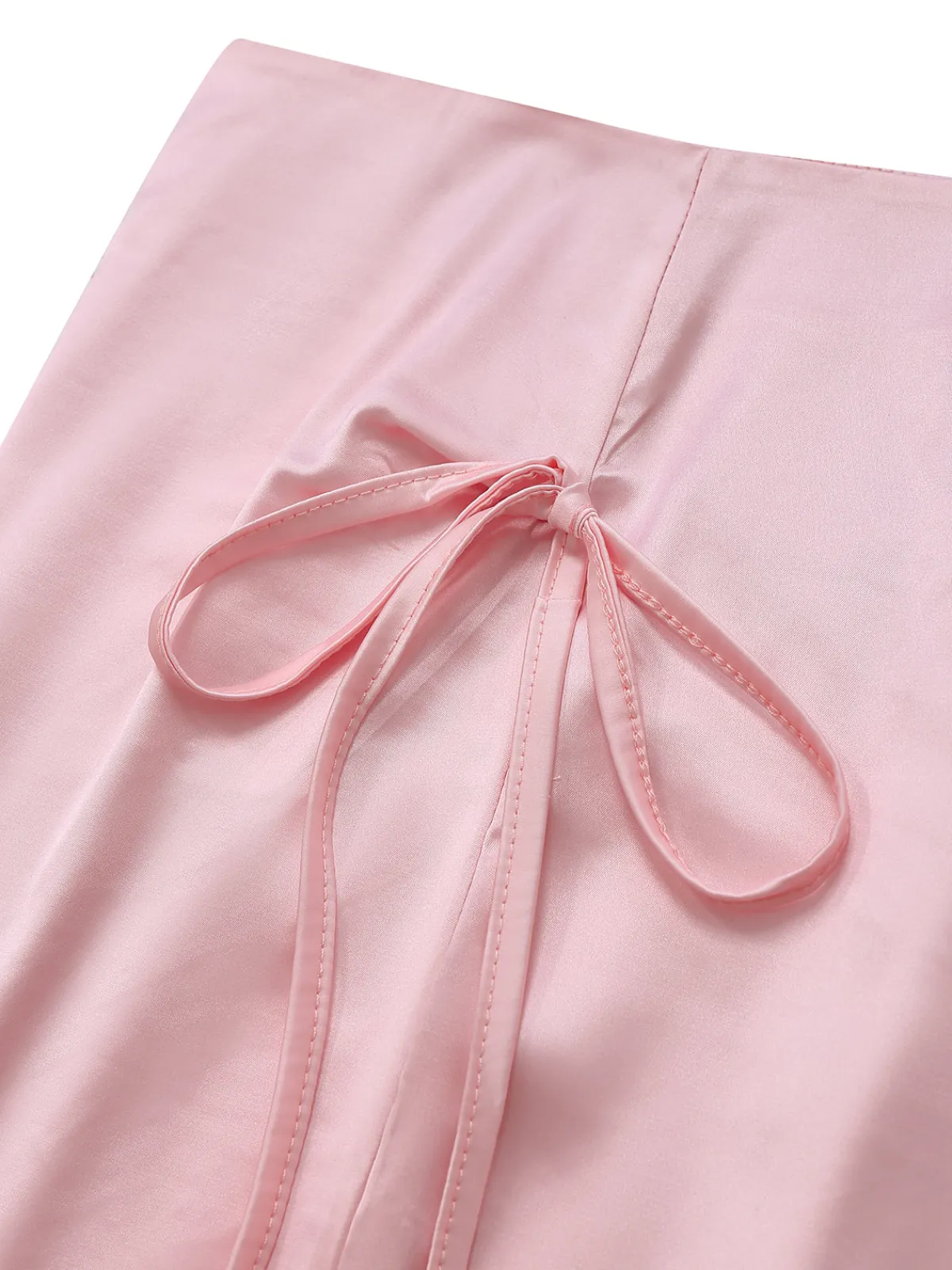 Fashion Retro Stage 2PCS 1970s Satin Lace-Up Strap Top & Skirt Pink