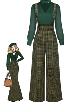 Discount Retro Stage 2PCS 1940s Satin Puff Sleeve Blouse & Glen Plaid Overall Pants