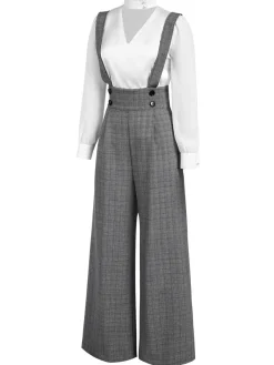 Discount Retro Stage 2PCS 1940s Satin Puff Sleeve Blouse & Glen Plaid Overall Pants