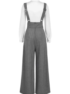 Discount Retro Stage 2PCS 1940s Satin Puff Sleeve Blouse & Glen Plaid Overall Pants