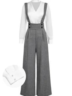 Fashion Retro Stage 2PCS 1940s Satin Puff Sleeve Blouse & Glen Plaid Overall Pants