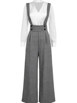 Fashion Retro Stage 2PCS 1940s Satin Puff Sleeve Blouse & Glen Plaid Overall Pants