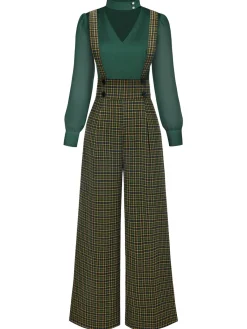 Fashion Retro Stage 2PCS 1940s Satin Puff Sleeve Blouse & Glen Plaid Overall Pants