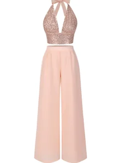Hot Retro Stage 2PCS 1930s Sequined Halter Crop Top & Wide Leg Pants