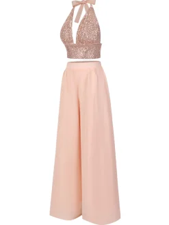 Hot Retro Stage 2PCS 1930s Sequined Halter Crop Top & Wide Leg Pants