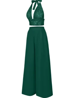 Hot Retro Stage 2PCS 1930s Sequined Halter Crop Top & Wide Leg Pants