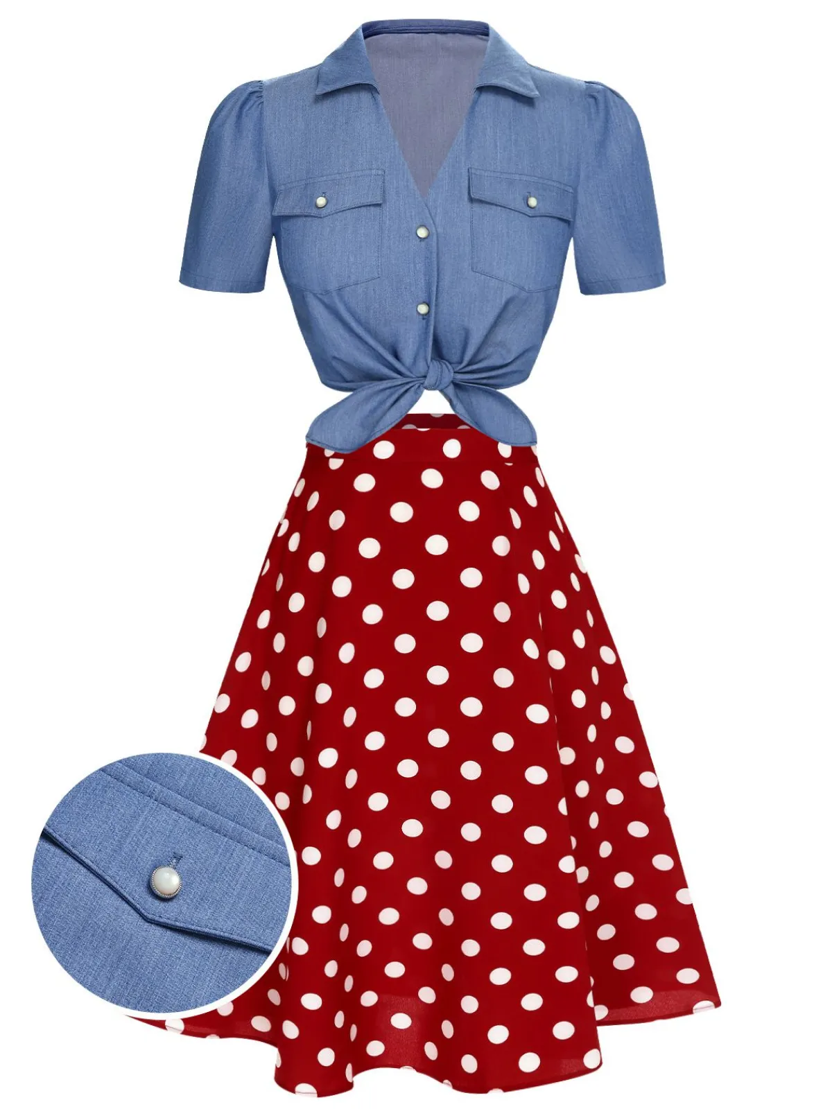 New Retro Stage 2PCS 1950s Solid Blouse & Polka Dot Skirt Red & Blue