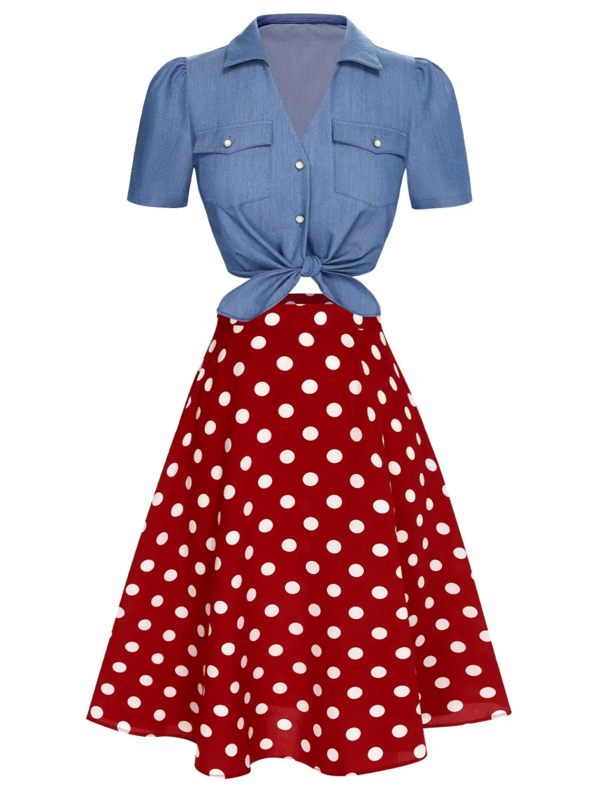 New Retro Stage 2PCS 1950s Solid Blouse & Polka Dot Skirt Red & Blue