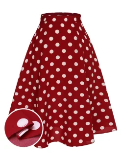 New Retro Stage 2PCS 1950s Solid Blouse & Polka Dot Skirt Red & Blue