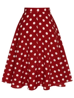 New Retro Stage 2PCS 1950s Solid Blouse & Polka Dot Skirt Red & Blue